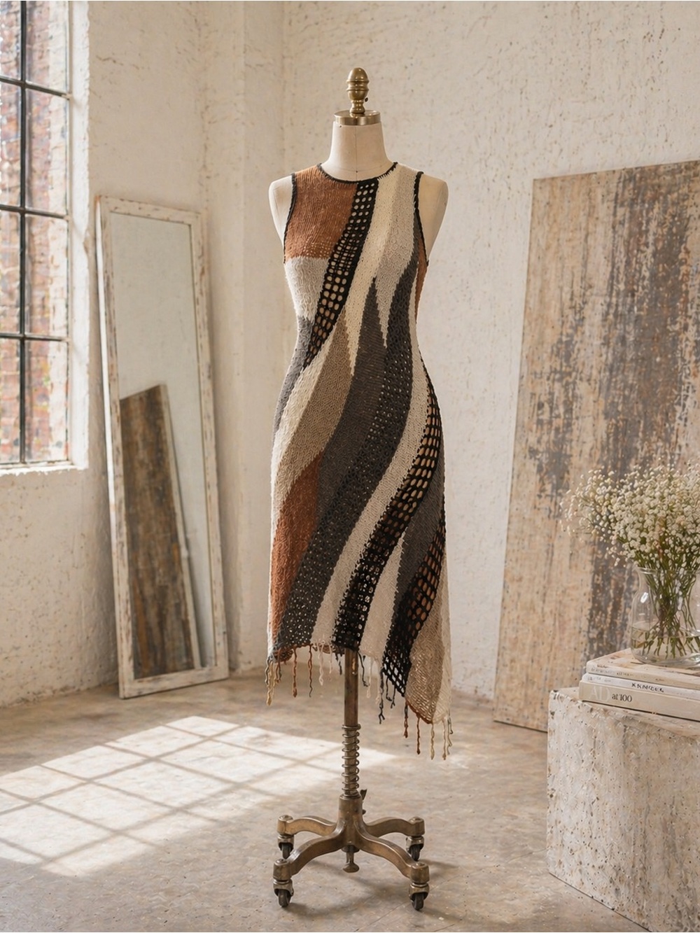 The Ragged Priest Brown and Cream Knit Midi Dress festival